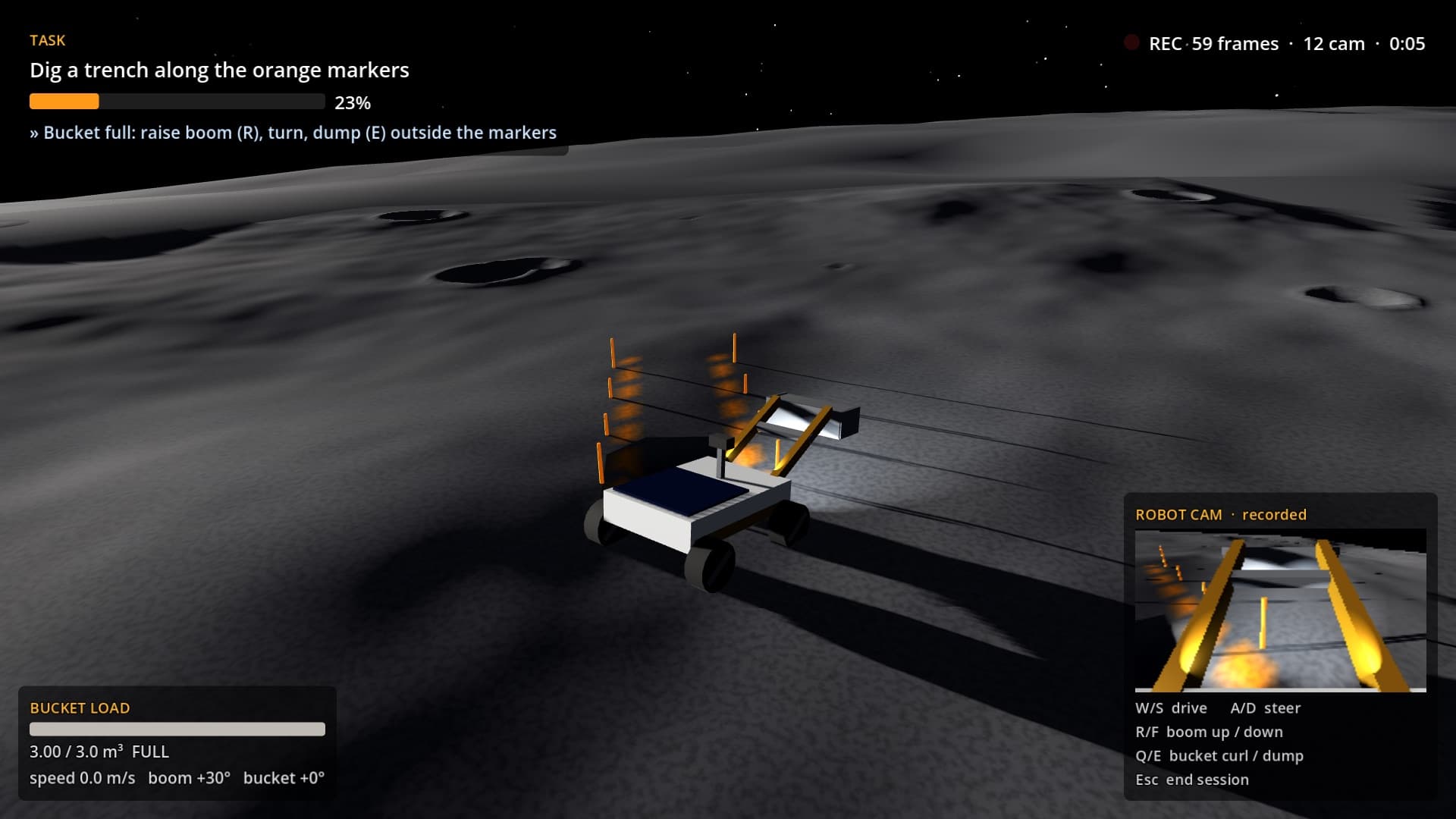 An excavator digging a marked trench on the lunar south pole under a low sun, with the recording HUD and robot camera inset